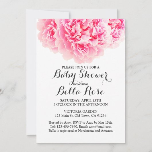 ピンクグレーピーニーベビーシャワー招待状 招待状 (正面)