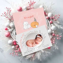 ピンクグレーフローラウッドランドアニマルズベビーガール誕生 案内状