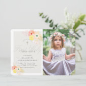 ピンクグレーフローラガールフォトファースト聖餐式 招待状 (スタンド正面)