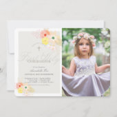 ピンクグレーフローラガールフォトファースト聖餐式 招待状 (正面)
