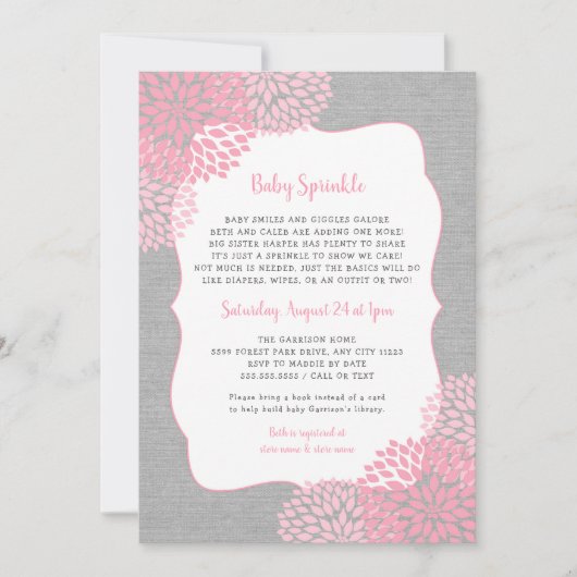 ピンクグレーフローラガールベビー散水招待 招待状 (正面)