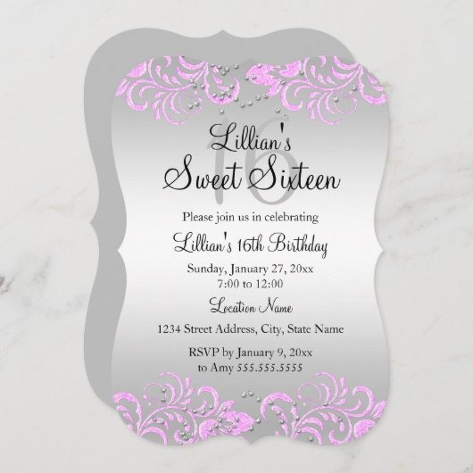 ピンクグレーフローラスワールスウィート16招待状 招待状 (正面/裏面)