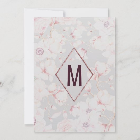 ピンクグレーフローラバラ金ゴールド手書き結婚の 招待状 (裏面)