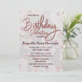 ピンクグレーフローラバラ金ゴールド手書き誕生日 招待状 (スタンド正面)