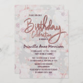 ピンクグレーフローラバラ金ゴールド手書き誕生日 招待状 (正面/裏面)