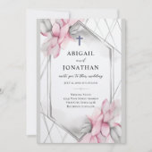 ピンクグレーフローラ十字架とバイブル結婚ズ 招待状 (正面)