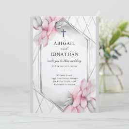 ピンクグレーフローラ十字架とバイブル結婚ズ 招待状