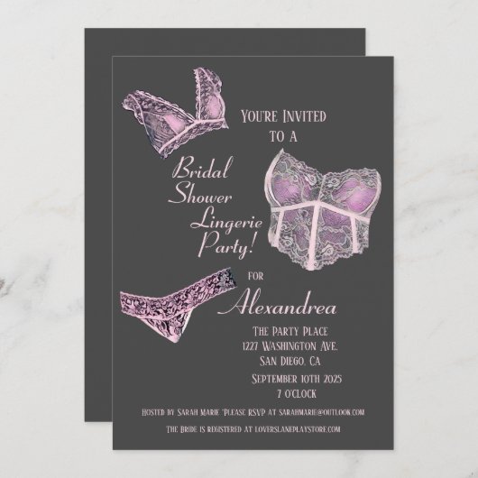 ピンクグレーブライダルシャワーランジェリーパーティー 招待状 (正面/裏面)