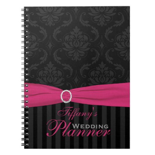 ピンクグレーブラックダマスクノートブストライプのック ノートブック (正面)