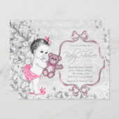 ピンクグレーベビーガールヴィンテージベビーシャワー 招待状 (正面/裏面)