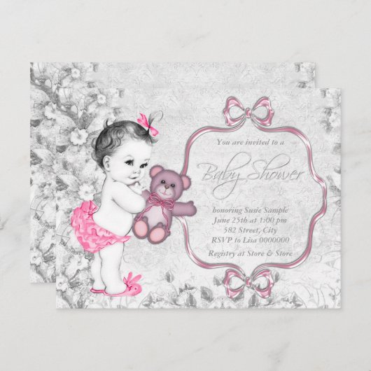 ピンクグレーベビーガールヴィンテージベビーシャワー 招待状 (正面/裏面)