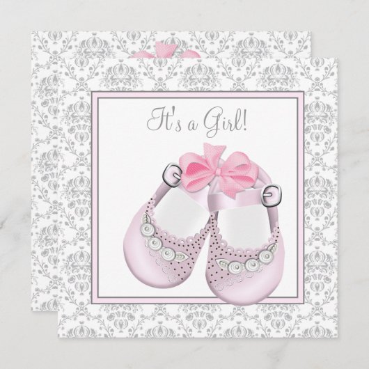 ピンクグレーベビーシューズピンクグレーベビーガールシャワー 招待状 (正面/裏面)