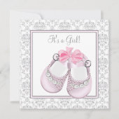 ピンクグレーベビーシューズピンクグレーベビーガールシャワー 招待状 (正面)