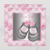 ピンクグレーベビーシューズピンクグレーベビーガールシャワー 招待状 (正面/裏面)
