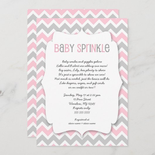 ピンクグレーベビー散水/女の子の赤ちゃんシャワー招待状 招待状 (正面/裏面)