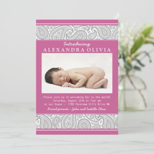 ピンクグレーペイズリーフォトシップN参照ベビーシャワー 招待状 (スタンド正面)