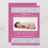 ピンクグレーペイズリーフォトシップN参照ベビーシャワー 招待状 (正面/裏面)