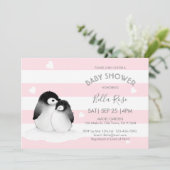 ピンクグレーペンギンベビーシャワー招待状 招待状 (スタンド正面)