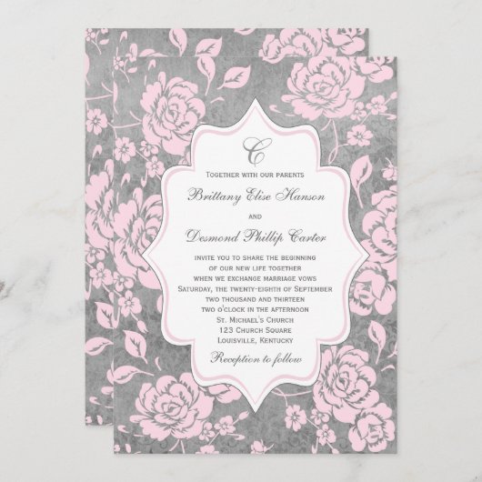 ピンクグレーホワイトフローラダマスクウェディング招待状 招待状 (正面/裏面)
