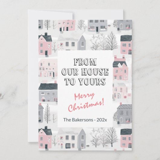 ピンクグレーホワイトヴィンテージハウスクリスマスカード カード (正面)