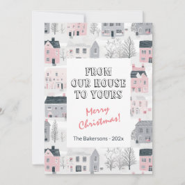 ピンクグレーホワイトヴィンテージハウスクリスマスカード カード