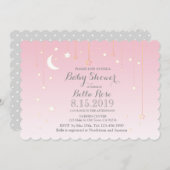 ピンクグレームーンスターズガールベビーシャワー招待状 招待状 (正面/裏面)