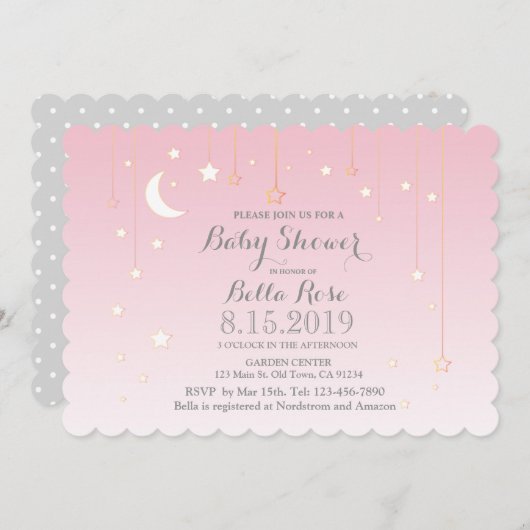 ピンクグレームーンスターズガールベビーシャワー招待状 招待状 (正面/裏面)