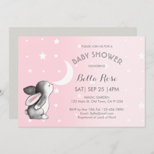 ピンクグレームーンスターズバニーベビーシャワー招待状 招待状 (正面/裏面)