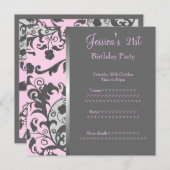 ピンクグレーメタリックフローラ誕生パーティー 招待状 (正面/裏面)