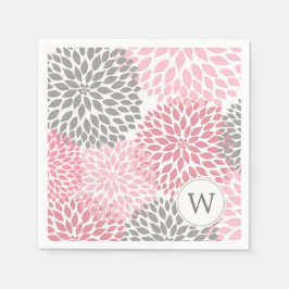 ピンクグレーモノグラムダリアスディナーナプキンズ スタンダードカクテルナプキン