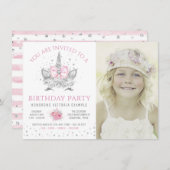 ピンクグレーユニコーン顔フォトバースデーパーティー 招待状 (正面/裏面)