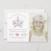 ピンクグレーユニコーン顔フォトバースデーパーティー 招待状 (正面)