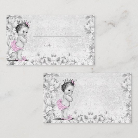 ピンクグレーヴィンテージプリンセスベビーシャワー座席表 プレイスカード (正面/裏面)