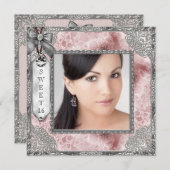 ピンクグレー写真甘い16誕生日パーティー 招待状 (正面/裏面)