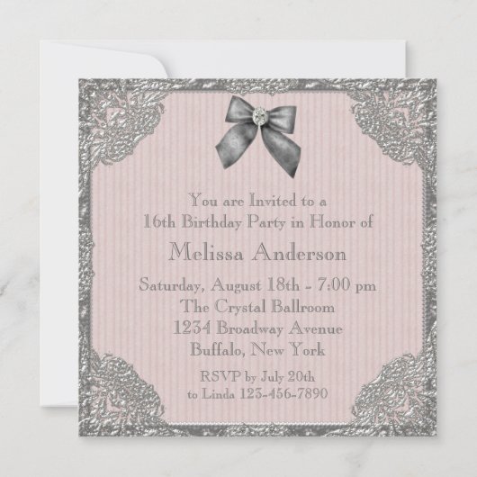 ピンクグレー写真甘い16誕生日パーティー 招待状 (裏面)
