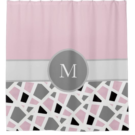 ピンクグレー白黒抽象芸術幾何ブロック シャワーカーテン (正面)