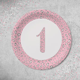 ピンクグレー第1誕生日2ヒョウ柄 ペーパープレート