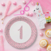 ピンクグレー第1誕生日2ヒョウ柄 ペーパープレート (パーティー)