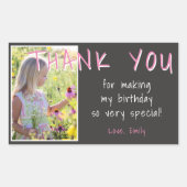 ピンクグレー誕生日ガール写真ありがとう 長方形シール (正面)