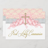 ピンクグレー金ゴールドクロスガールズピンク第1聖餐式 招待状 (正面/裏面)