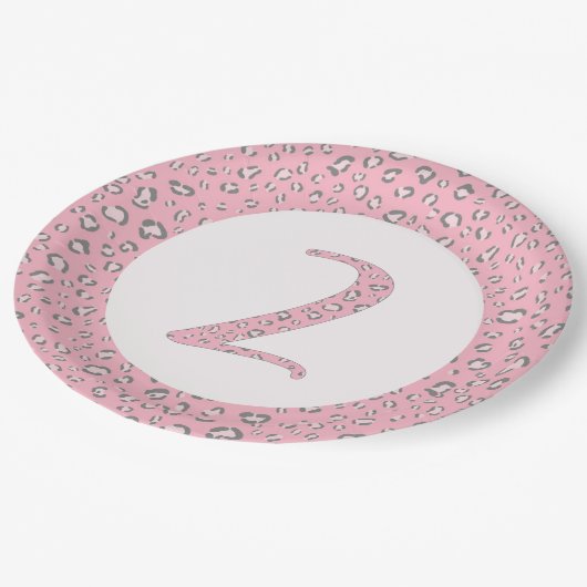ピンクグレー2nd誕生日2ヒョウ柄 ペーパープレート (アングル)