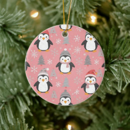 ピンクグレー クリスマスペンギン柄 セラミックオーナメント