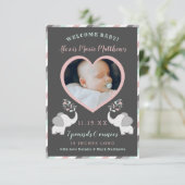 ピンクグレー&ミントエレファントベビーガールフォト誕生An 案内状 (スタンド正面)