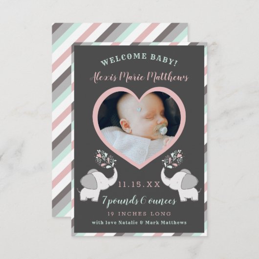 ピンクグレー&ミントエレファントベビーガールフォト誕生An 案内状 (正面/裏面)