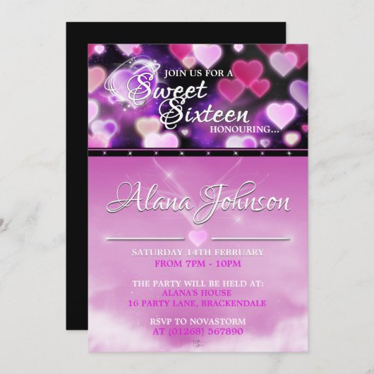 ピンクグローハートスイーツ16誕生日招待状 招待状 (正面/裏面)