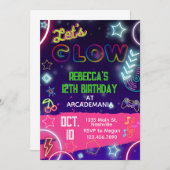 ピンクグロー誕生日ゲームアーケードパーティーグローネオン 招待状 (正面/裏面)
