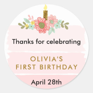 ピンクケグラデーションーキ誕生日サークルメッセージカード ラウンドシール