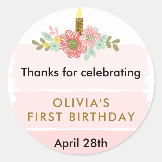 ピンクケグラデーションーキ誕生日サークルメッセージカード ラウンドシール (正面)