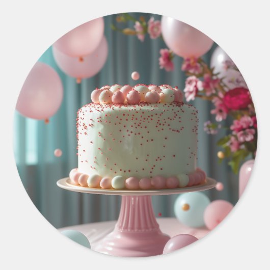 ピンクケーキと風船 ラウンドシール (正面)
