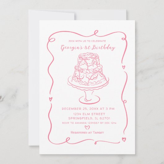 ピンクケーキコンセットボーガールの誕生日 招待状 (正面)